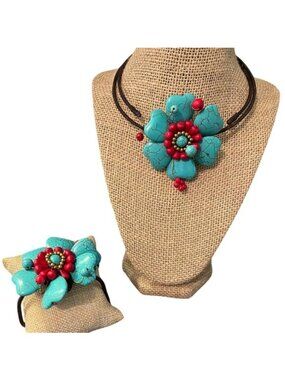 Memory Wire Necklace Bracelet Set Dyed Howlite Turquoise Red Flower Boho Adj
